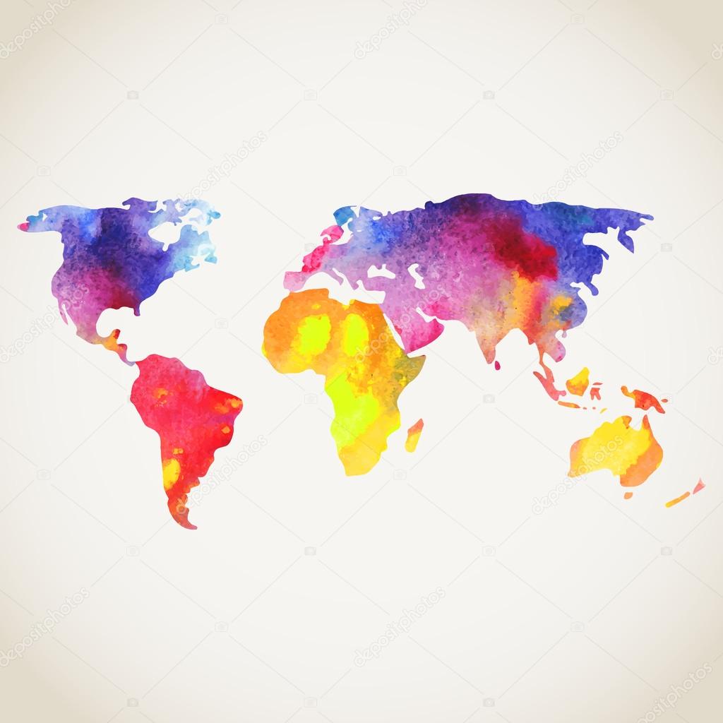World vector map painted with watercolors, painted world map on black background.