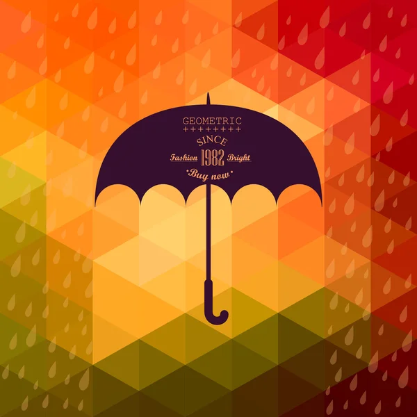 Símbolo de guarda-chuva retrô no fundo hipster feito de triângulos Fundo retrô com padrão de chuva e formas geométricas. Composição quadrada com formas geométricas, efeito de fluxo de cor . — Vetor de Stock