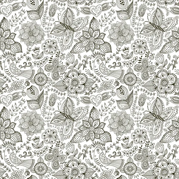 Texture sans couture avec fleurs, oiseaux et papillons — Image vectorielle