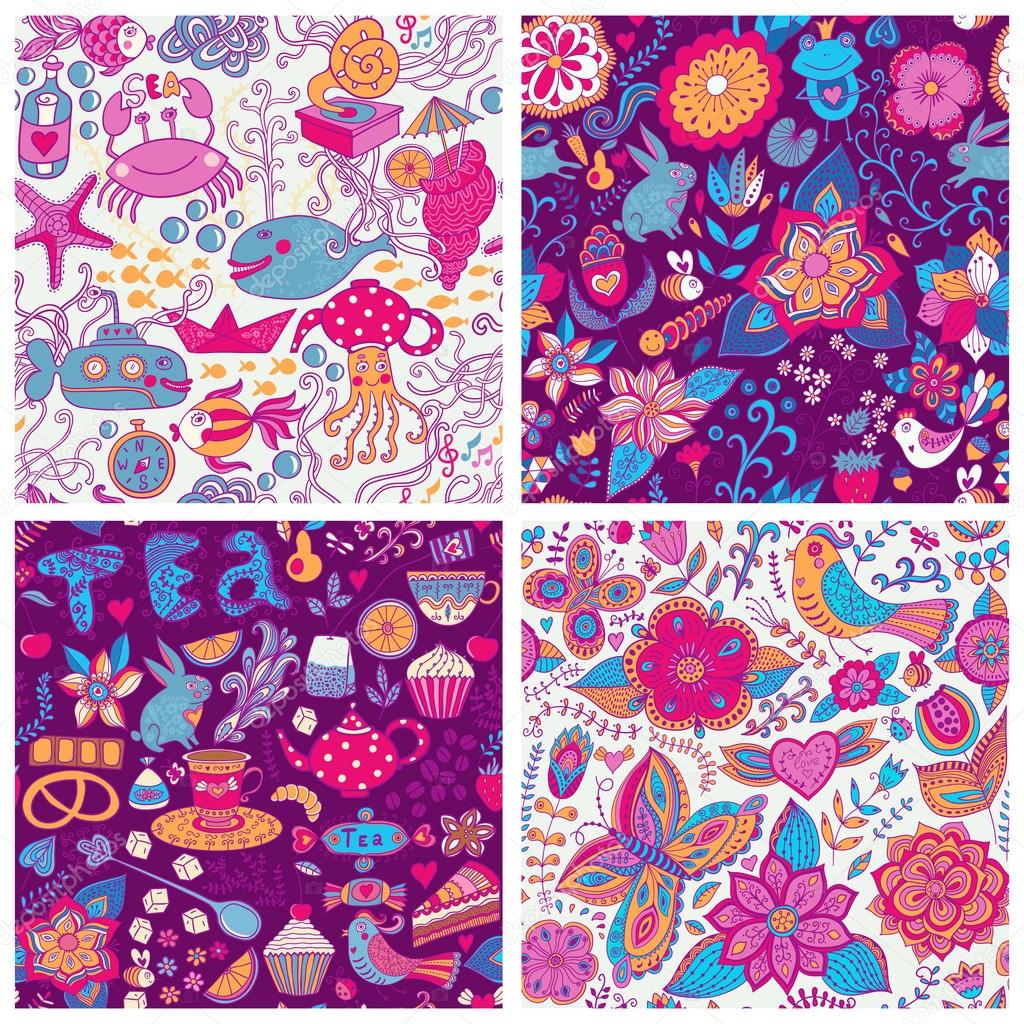 Set of eight colorful floral vector pattern
