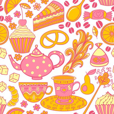 çay vektör sorunsuz doodle çay saati backdrop.cakes herhangi bir olay ya da durum, kutlamak için desen dolgularını, web sayfası arka planı, yüzey dokuları, kumaş ya da kağıt, zemin tasarımı kullanabilirsiniz. Yaz şablonu.