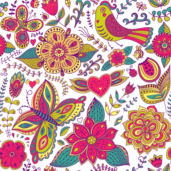 Textura perfecta con flores, pájaros y mariposas. Patrón sin costura se puede utilizar para el papel pintado, relleno de patrones, fondo de página web, texturas superficiales. Magnífico fondo floral sin costuras — Archivo Imágenes Vectoriales