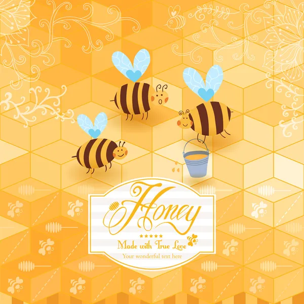 Honey template background. Vintage frame with Honey, bee, honey spoon, set template with label and yellow geometric pattern of honeycomb. Honeycomb, frame label and the funny bees. — Stock Vector