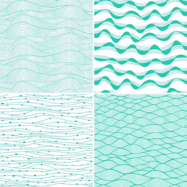 Set of four seamless abstract hand-drawn pattern, waves background. Each square pattern has the ability to be repeated or tiled without visible seams. — Stock Vector