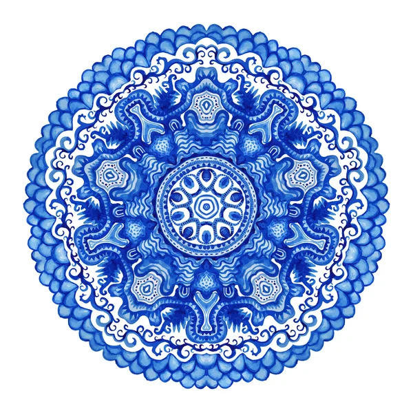 Aquarel vector gzhel. kleedje ronde kantpatroon, cirkel achtergrond met veel details, ziet eruit als Haakvideo handgemaakte kant, lacy arabesque designs.orient traditionele sieraad. Oosterse motief — Stockvector