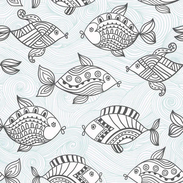 Fischmuster im abstrakten Stil. Nahtloses Muster kann für Tapeten, Musterfüllungen, Webseiten-Hintergrund, Oberflächentexturen verwendet werden. detaillierter Fischhintergrund — Stockvektor