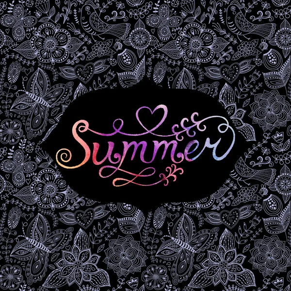 "Summer" vector watercolor lettering. Hand drawn watercolor background,vector illustration. Composition for scrapbook with empty space for text message. Seamless pattern on the back is complete. Label — Stock Vector