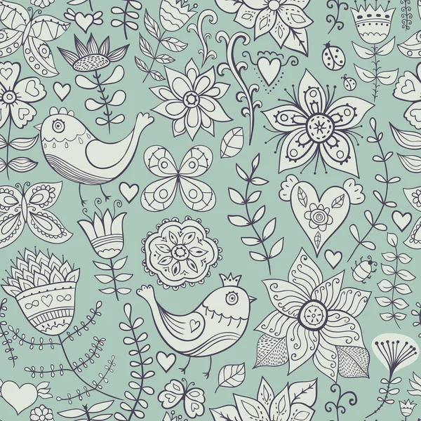 Texture sans couture avec fleurs, oiseaux et papillons. Modèle sans couture peut être utilisé pour le papier peint, remplissage de motif, fond de page Web, textures de surface. Superbe fond floral sans couture — Image vectorielle