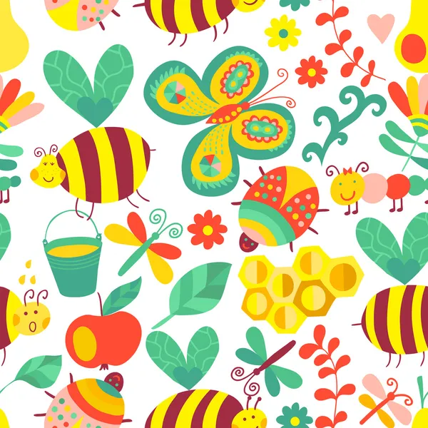 Vector seamless floral pattern. Summer composition with honeycomb, bees, flowers. Use it as pattern fills, web page background, surface textures, fabric or paper, backdrop design. Summer template. — Stock Vector