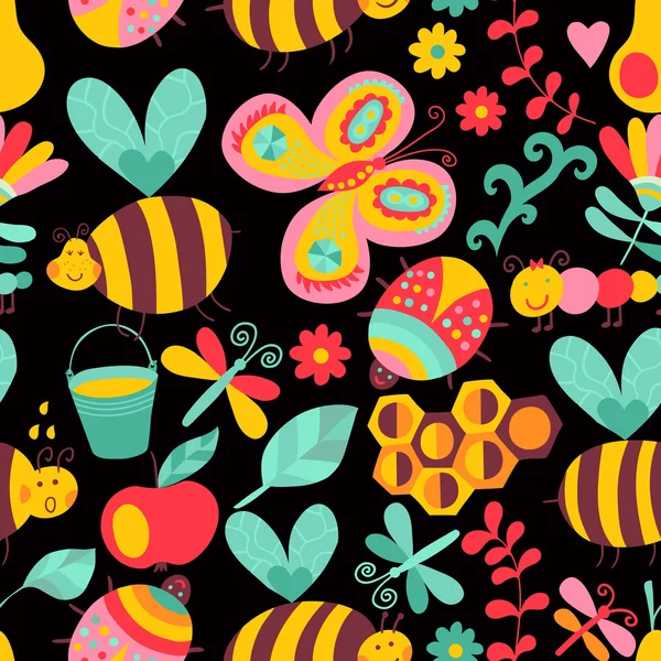 Vector seamless floral pattern. Summer composition with honeycomb, bees, flowers. Use it as pattern fills, web page background, surface textures, fabric or paper, backdrop design. Summer template. — Stock Vector