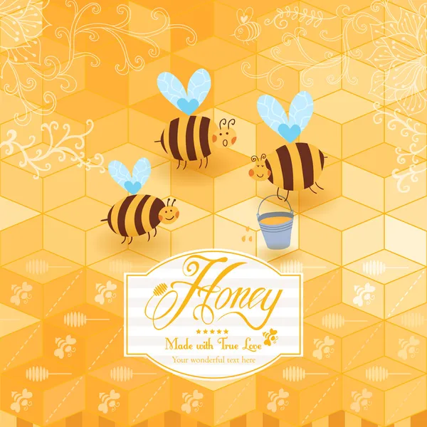Honey template background. Vintage frame with Honey, bee, honey spoon, set template with label and yellow geometric pattern of honeycomb. Honeycomb, frame label and the funny bees. — Stock Illustration Honey template background. Vintage frame with Honey, bee, honey spoon, set template with label and yellow geometric pattern of honeycomb. Honeycomb, frame label and the funny bees. Vector Graphics