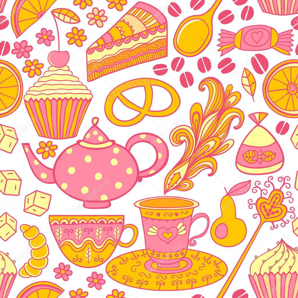 Tea vector seamless doodle teatime backdrop.Cakes to celebrate any event or occasion, use it as pattern fills, web page background, surface textures, fabric or paper, backdrop design. Summer template.