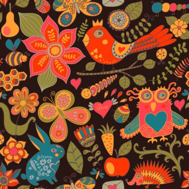 vektör orman seamless modeli. çiçek background.owl, tavşan, b