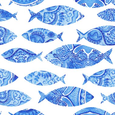 balıklar, suluboya ile Seamless Modeli el boyalı arka plan, suluboya balık, stilize mavi fish.wallpaper, suluboya kumaş, mavi süsler sarma ile sorunsuz arka plan