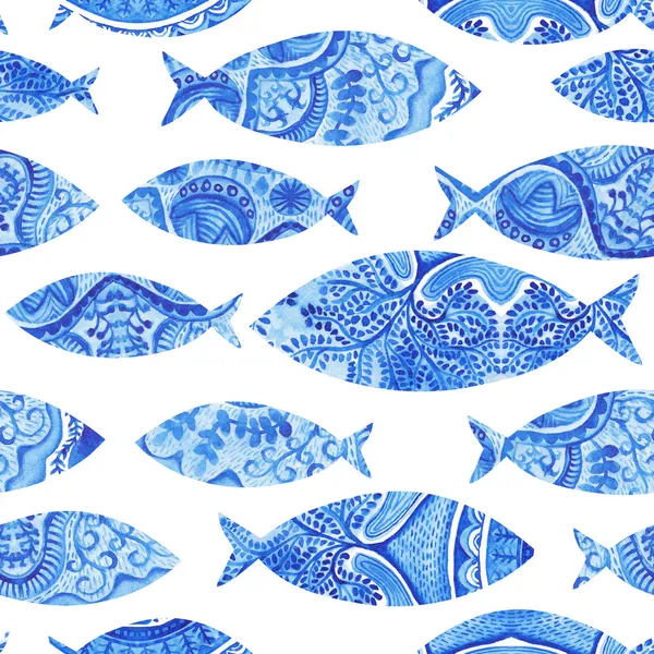 Patrón sin costuras con peces, fondo pintado a mano de acuarela, peces acuarela, fondo sin costuras con peces azul estilizado.Papel pintado, tela de acuarela, adornos de envoltura azul —  Fotos de Stock