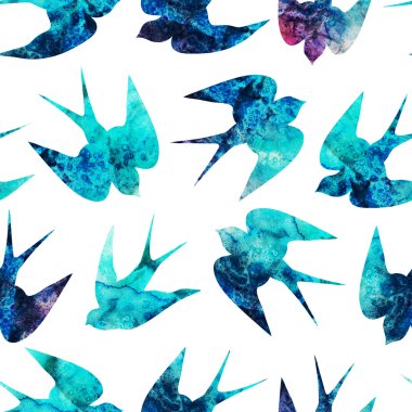 Vintage desen küçük yutar, kuşlar, suluboya ile seamless modeli ile el boyalı arka plan, suluboya kuş, sorunsuz geçmiş ile stilize mavi yutmak. Mavi süsler sarma