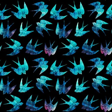 Vintage desen küçük yutar, kuşlar, suluboya ile seamless modeli ile el boyalı arka plan, suluboya kuş, sorunsuz geçmiş ile stilize mavi yutmak. Mavi süsler sarma