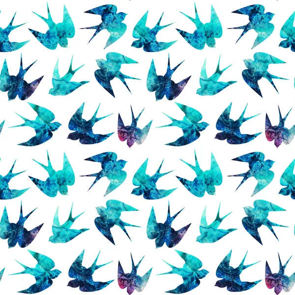 ビンテージ パターン小さなツバメ、鳥、水彩画とのシームレスなパターンと塗られた背景、水彩画の鳥、様式化された青いつばめのシームレスな背景を手します。青の装飾品の包装 — ストック写真