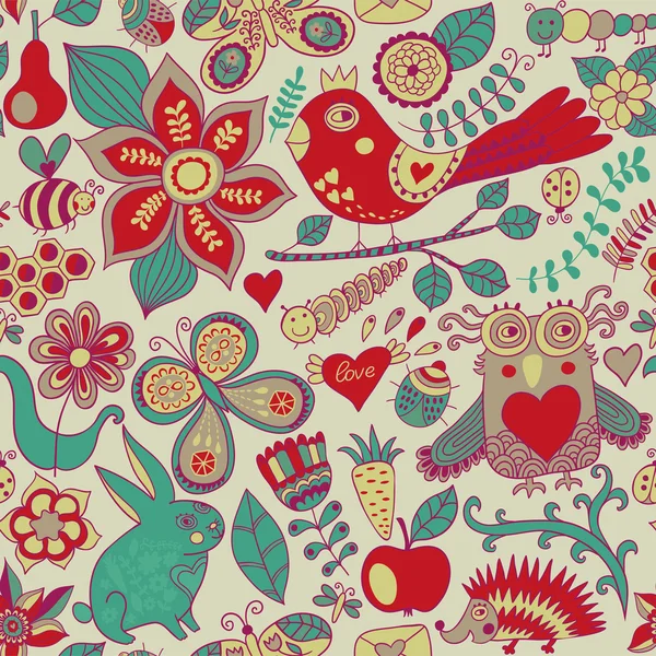 Vector bos naadloze patroon. Floral background.owl, konijn, b — Stockvector