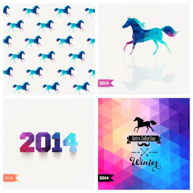 dört yeni yıl simgeler kümesi. Selam Horse.Vector retro kaynağı, mavi