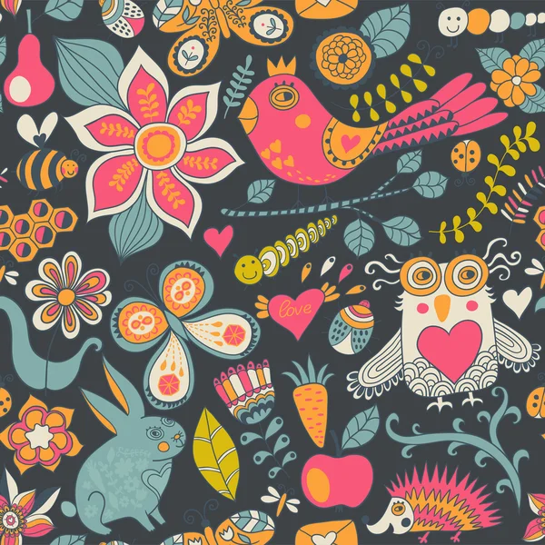 Texture sans couture avec fleurs, oiseaux et papillons. Utilisation pour wa — Image vectorielle