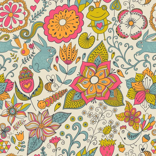 Textura perfecta con flores, pájaros y mariposas. Uso para wa — Archivo Imágenes Vectoriales