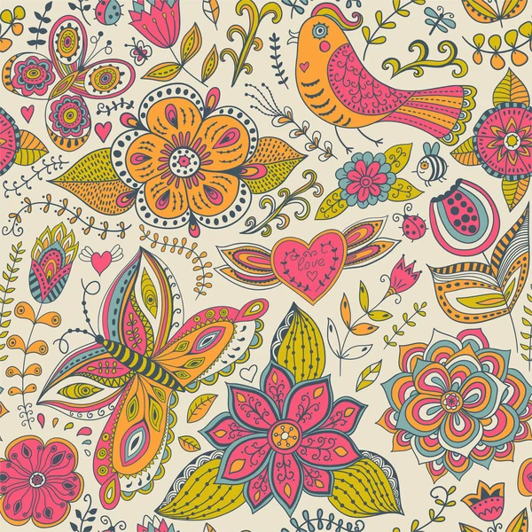 Tekstura z kwiatów, ptaków i motyli. Użyj wa — Wektor stockowy