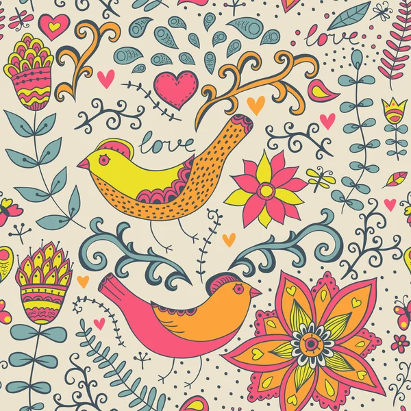 Бесшовная текстура с цветами, птицами и бабочками. Использование для wa — стоковый вектор