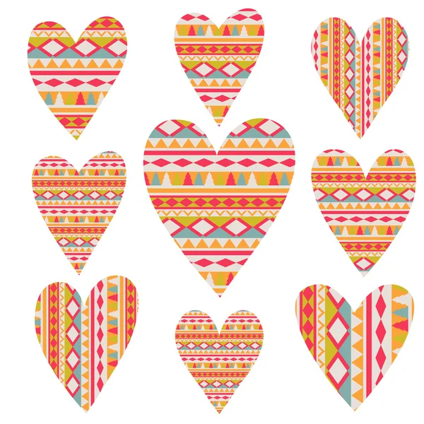 Vector tribal hearts set, aztec vintage folklore background pa — Stock Vector