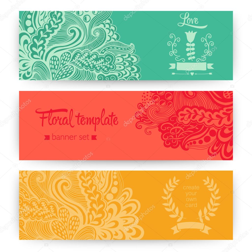 Vector stylish floral banners. Bright doodle cartoon cards in ve