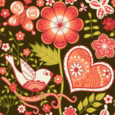 Seamless texture with flowers and birds. Endless floral pattern