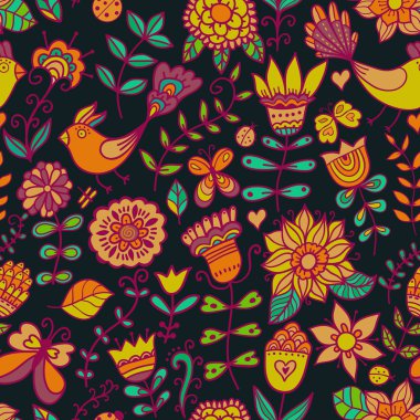 Seamless texture with flowers and birds. Endless floral pattern.