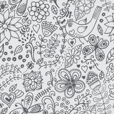 Seamless texture with flowers and birds. Endless floral pattern.
