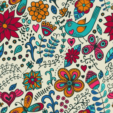 Seamless texture with flowers and birds. Endless floral pattern.