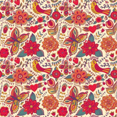 Seamless texture with flowers and birds. Endless floral pattern.