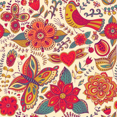 Seamless texture with flowers and birds. Endless floral pattern.