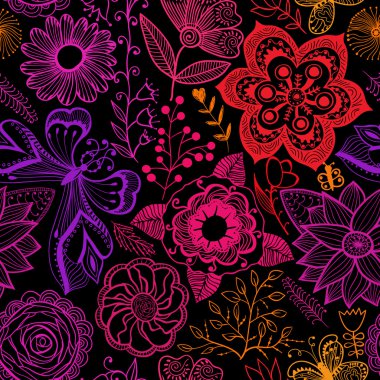 Seamless texture with flowers and birds. Endless floral pattern.