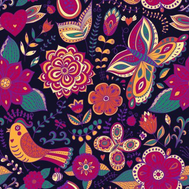 çiçekler, kuşlar ve kelebekler ile sorunsuz bir doku. kesintisiz p
