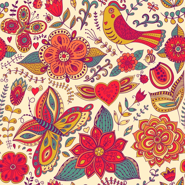 Seamless texture with flowers and birds. Endless floral pattern. — Stock Photo, Image