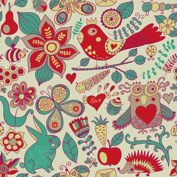 Forest seamless pattern. Floral background.Owl, rabbit, butterf — Stock Photo, Image