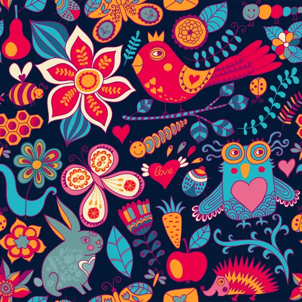 Forest seamless pattern. Floral background.Owl, rabbit, butterf — Stock Photo, Image