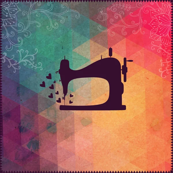 Antigua máquina de coser sobre fondo hipster hecha de triángulos con —  Fotos de Stock