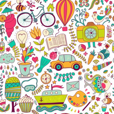 Vector seamless pattern, childish doodles. Pattern ,set of diffe clipart