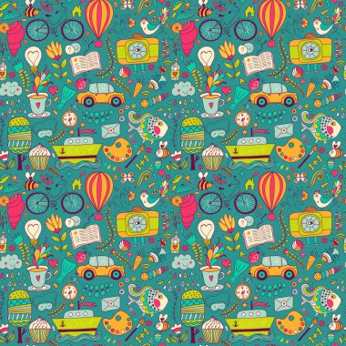 vector naadloze patroon, kinderachtig doodles. patroon, set terug