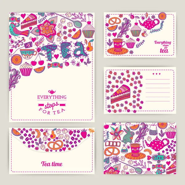 Diseño de marca de té. Conjunto de tarjetas de diseño de café y té. Dulce patt — Vector de stock