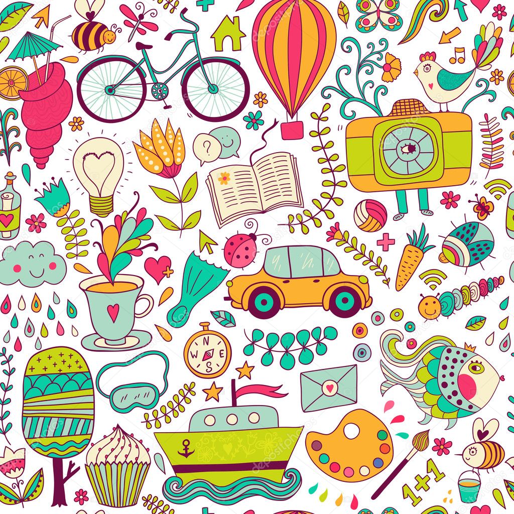 Vector seamless pattern, childish doodles. Pattern ,set of diffe