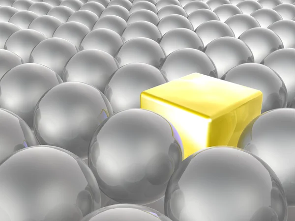Yellow cube and grey spheres — Stock Photo, Image