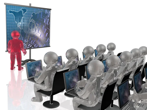 Uomo rosso e grigio con computer portatili e schermo — Foto Stock