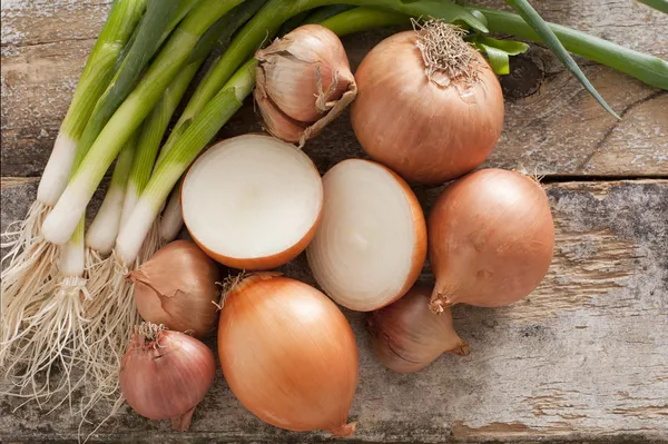 Assorted farm fresh onions on a rustic table — Stock Photo, Image
