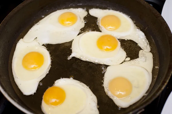 Šest smažená vejce v pánvi s olejem, k snídani — Stock fotografie